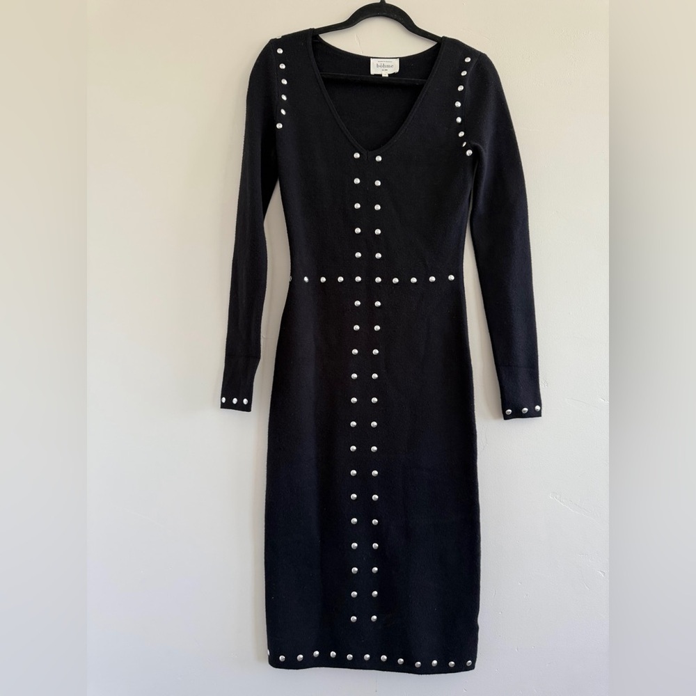 Bohme Hailey Studded feminine Midi Dress size S Long Sleeve Black Pearl Details - Picture 9 of 10